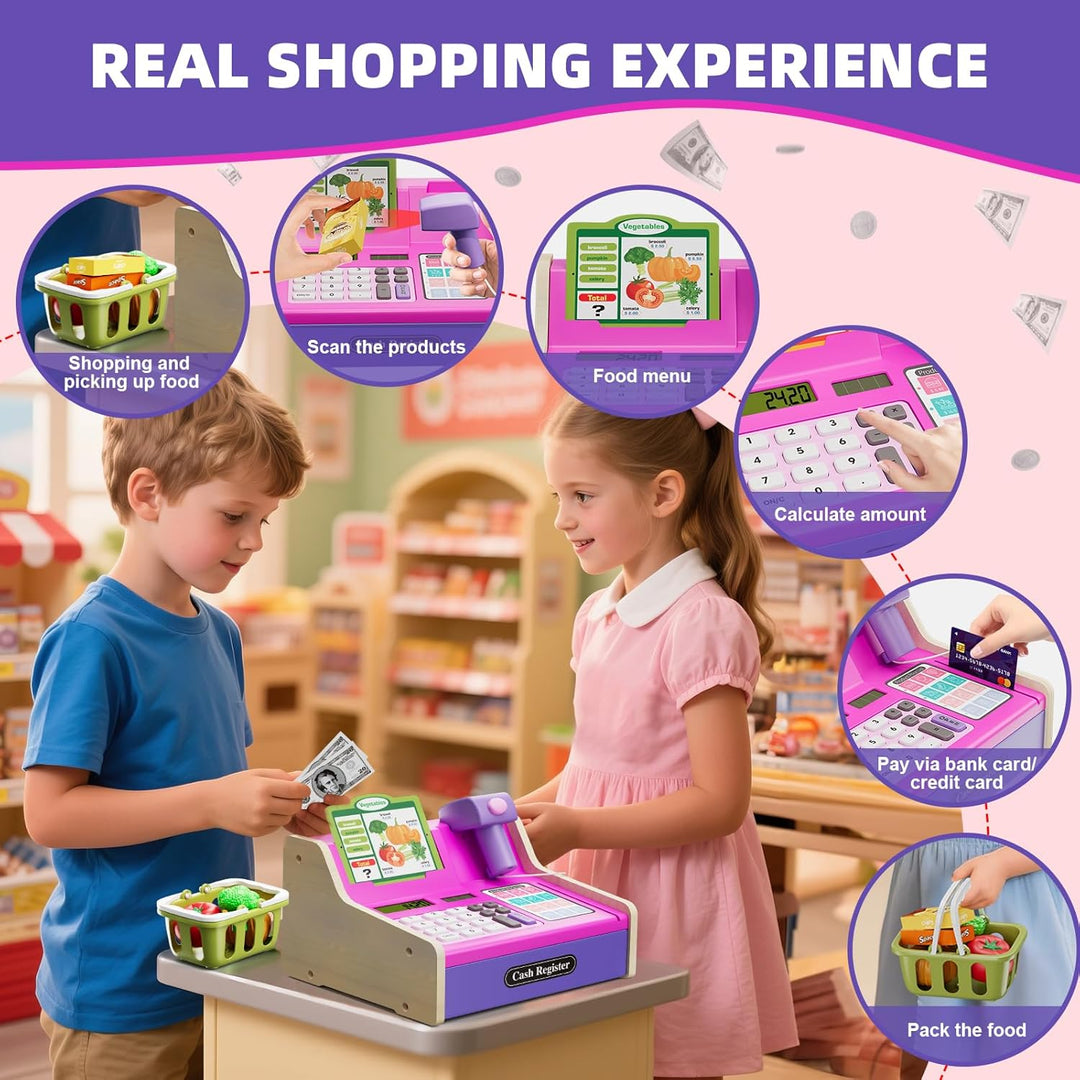 Kinder Kasse Holzkasse mit Sound, Spielkasse Kaufladen Spielzeug mit Spielgeld/Münzen/Kreditkarte/Ei