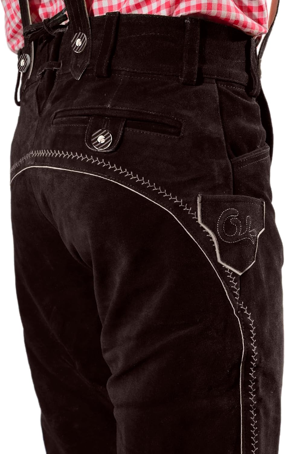 Bayerische Premium Herren Trachten Lederhose, Trachtenlederhose mit Trägern, original in Dunkelbraun