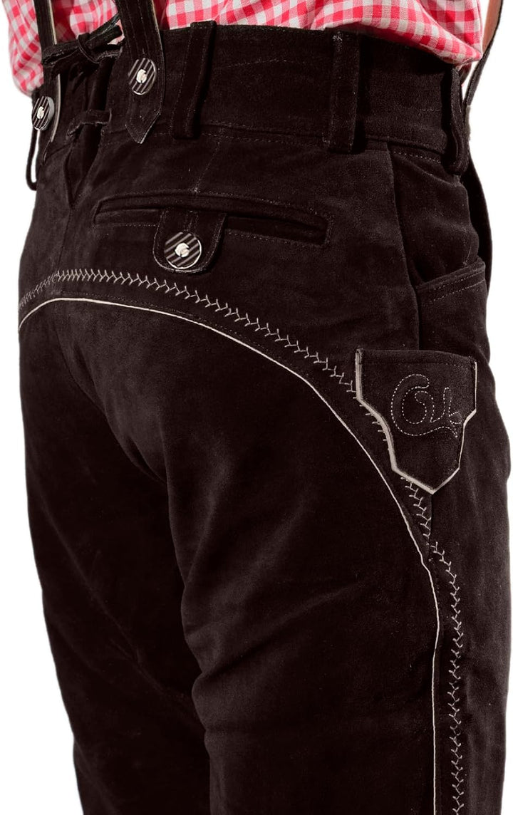 Bayerische Premium Herren Trachten Lederhose, Trachtenlederhose mit Trägern, original in Dunkelbraun