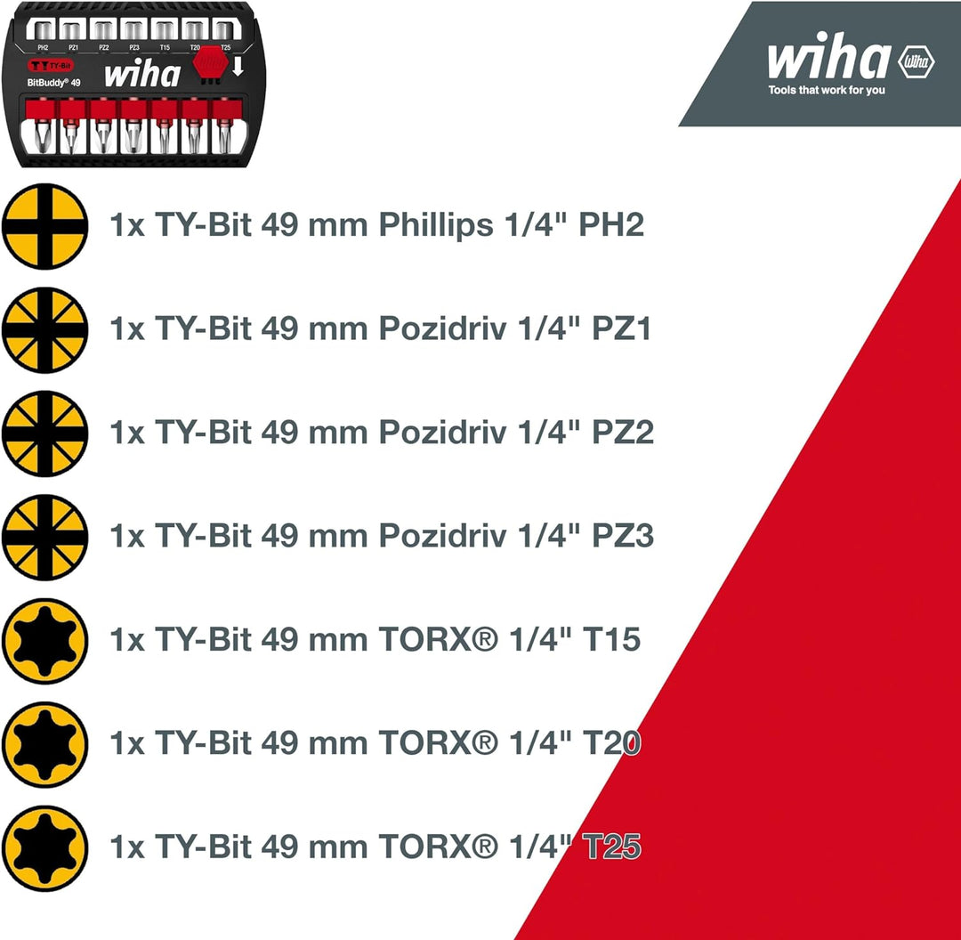 Wiha Bit Set BitBuddy 7-tlg. I TY-Bit 49 mm I PH, PZ, TORX 1/4" E6,3 I Zubehör für Schraubanwendunge