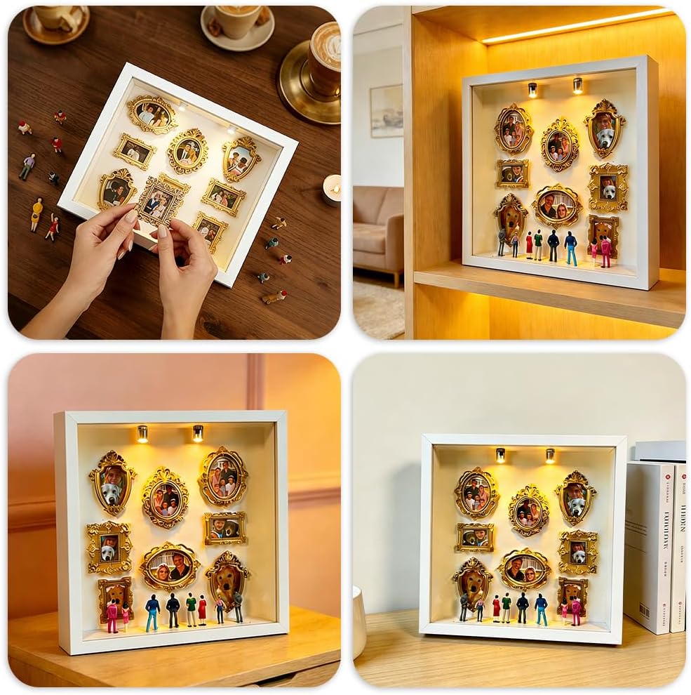 DIY Mini Museum Silhouette Box, Foto Erinnerungsanzeige Set mit 8 Mini Bilderrahmen Gold & 8 Zufälli