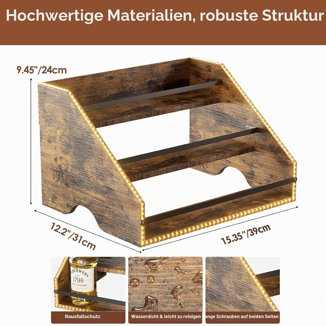 Nuovoware LED Beleuchtet Schnapsflasche Display Regal, 3 Schritt Holz Arbeitsplatte Schnapsregal mit