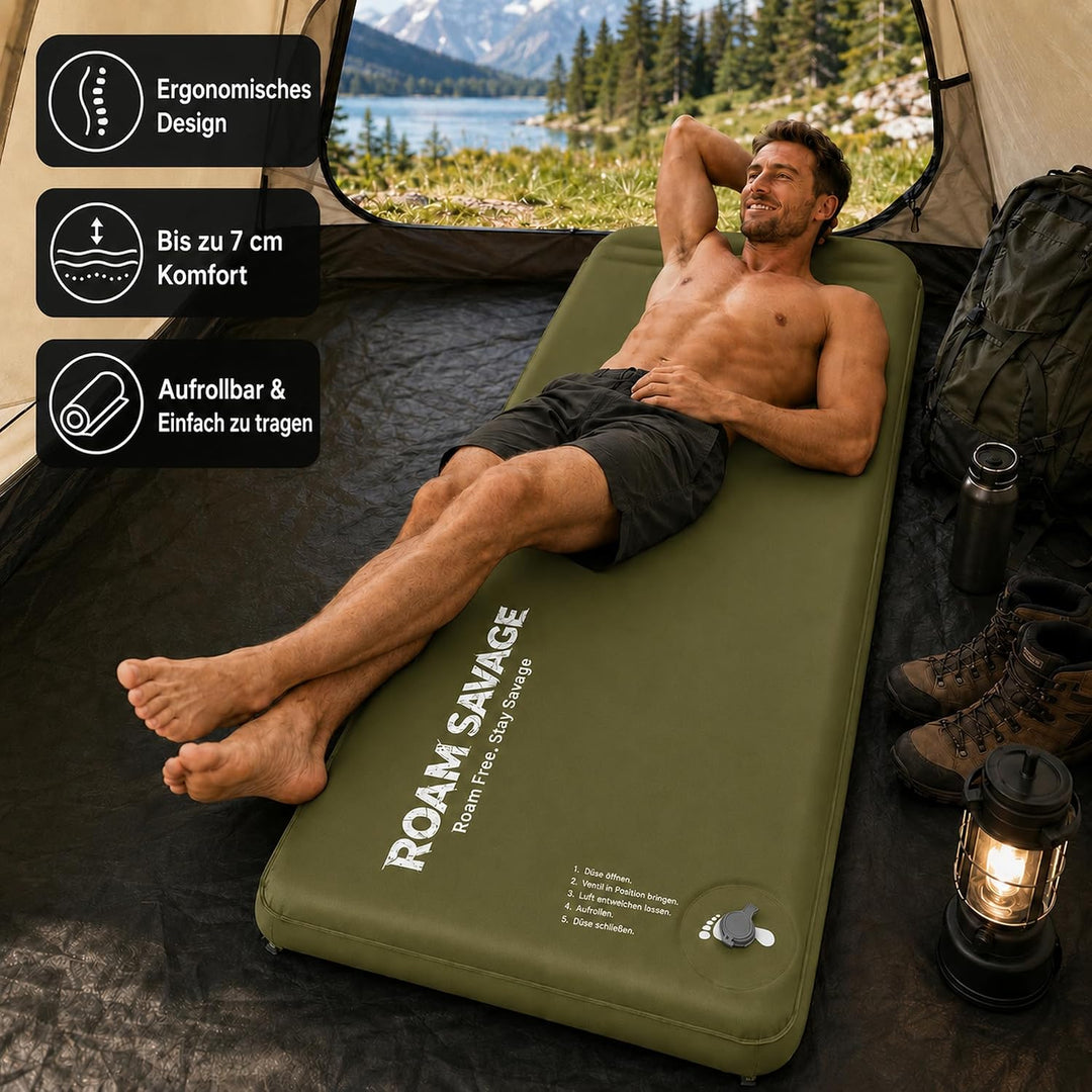 ROAM SAVAGE Selbstaufblasende Campingmatte mit integriertem Kopfkissen