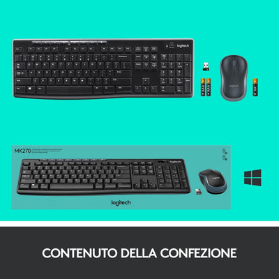 Logitech MK270 Kabelloses Set mit Tastatur und Maus für Windows, Italienisches QWERTY-Layout - Schwa