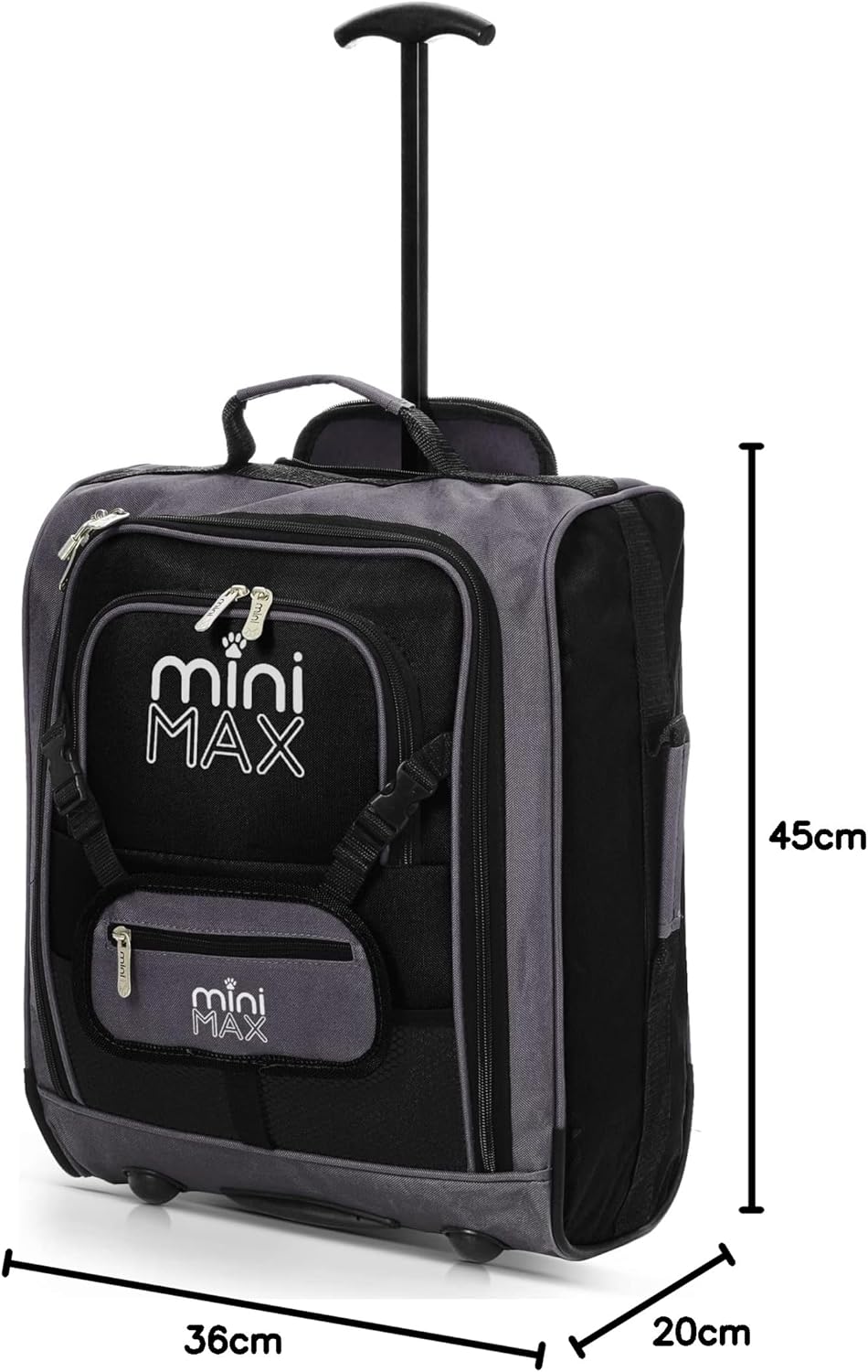 MiniMax Reisekoffer auf Rollen mit Vordertasche für Spielzeug/Puppen/Teddybär Schwarz, Schwarz