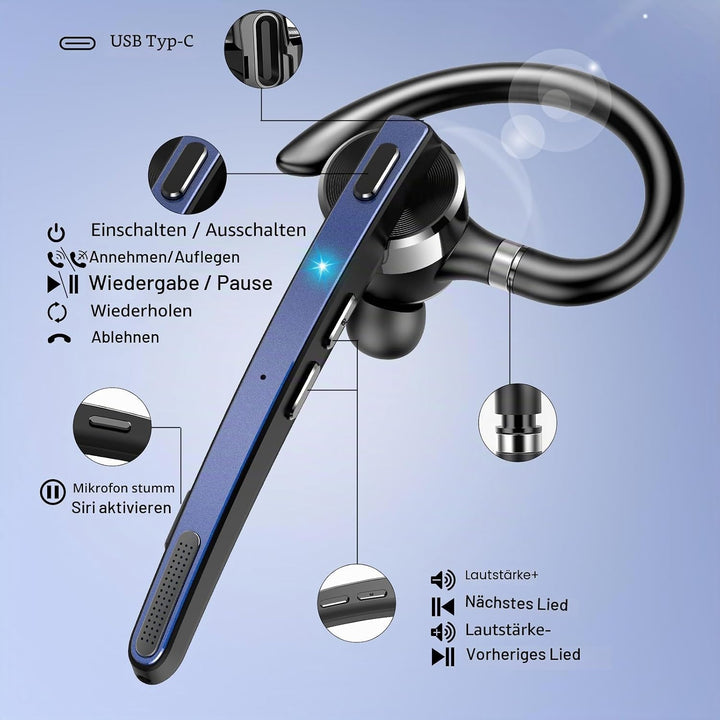 Bluetooth Headset V5.3, Wireless Freisprech Telefon mit CVC 8.0/ENC Dual Mic, APTX, Mute Zwei-Geräte