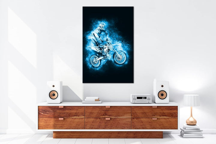 deyoli kunterbunter Motorcrossfahrer Format: 80x60 Effekt: Monocrome Blau als Leinwand, Motiv fertig