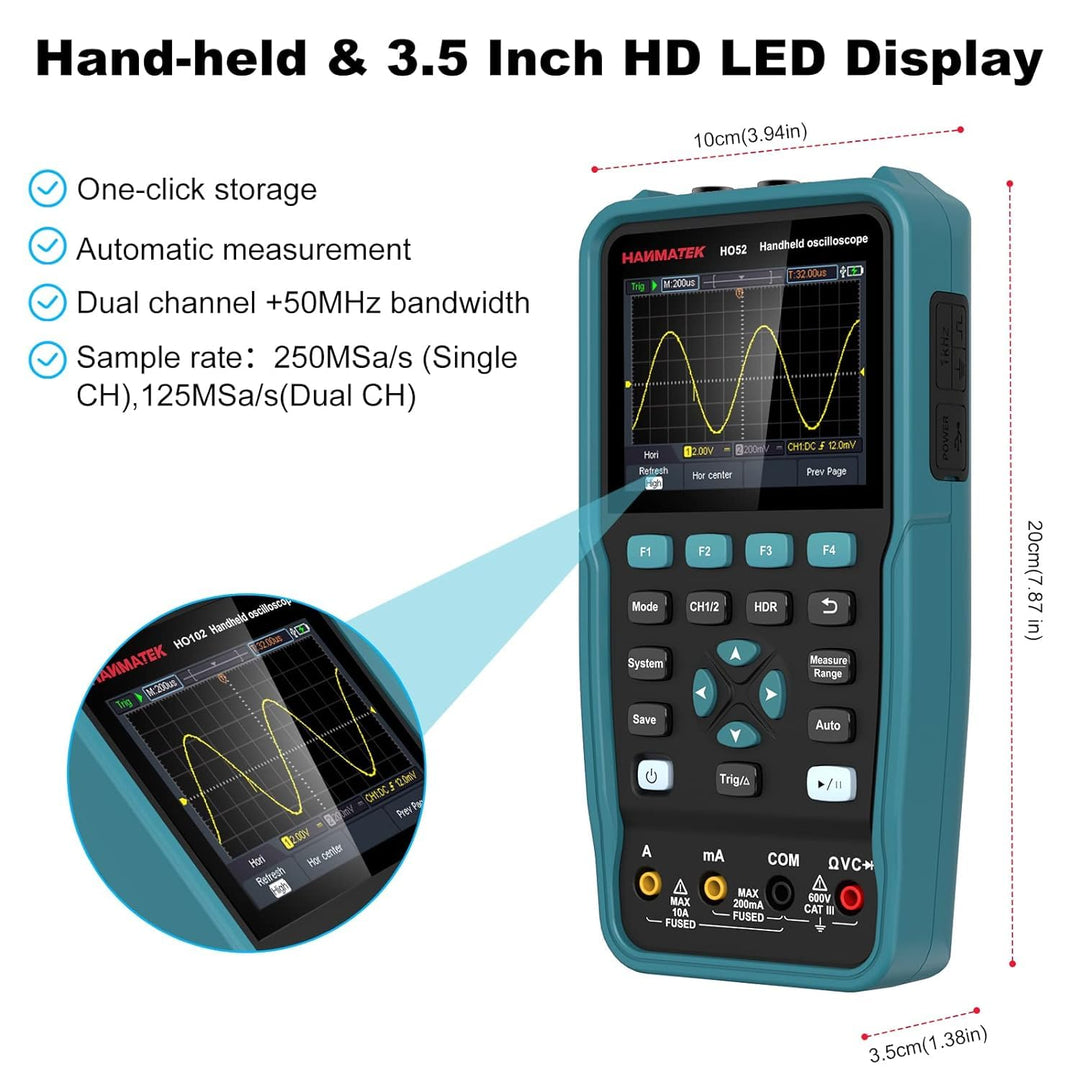 Digitales Oszilloskop,HANMATEK Handheld-Digitaloszilloskop HO52 50Mhz Bandbreite, 2 Kanal 2 in 1 Osz