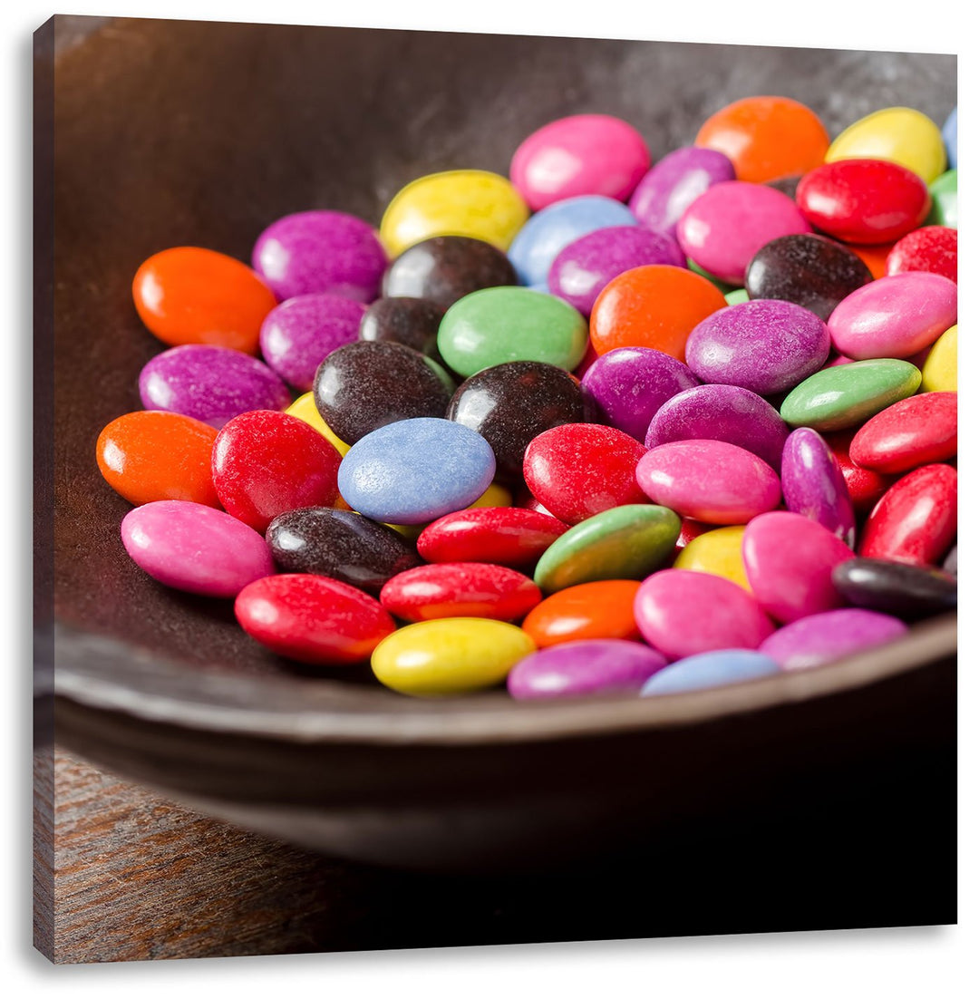 Pixxprint Bunte Schokolinsen in Schale, Format: 70x70 auf Leinwand, 70x70