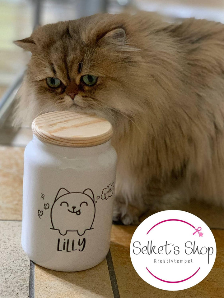 Selket's Shop Keramik Leckerli Dose Katze – personalisiert mit Name – Keksdose für Snacks, Trockenfu