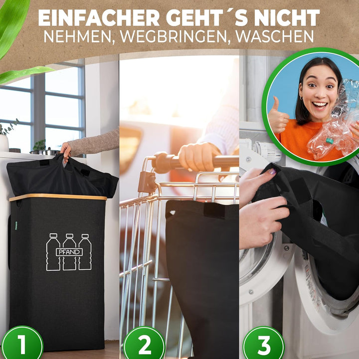 COTTARA® Pfandflaschen Sammelbehälter mit Deckel und Tragetasche | Pfandbehälter mit Loch drehbar |