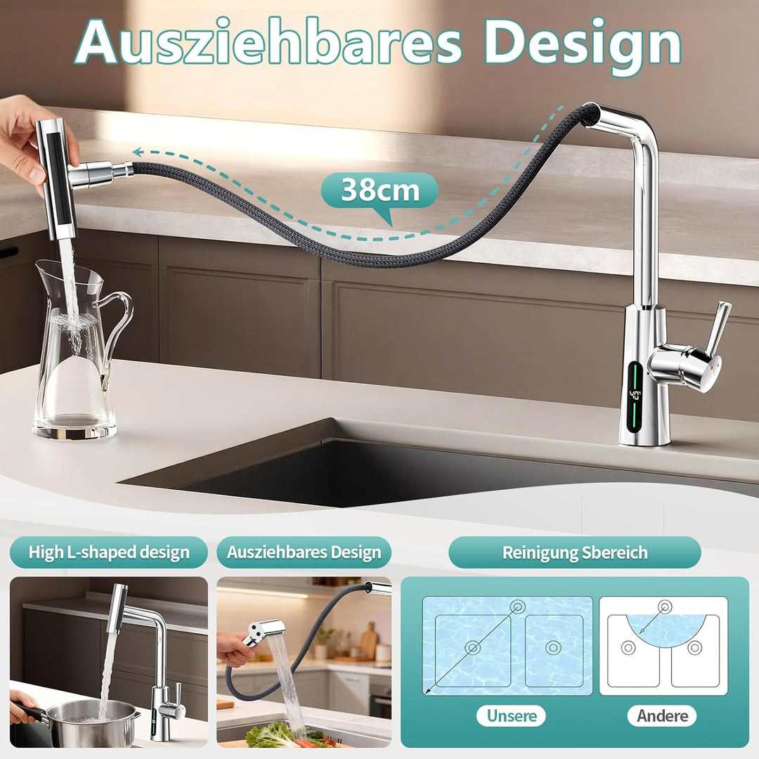 MIAOHUI Küchenarmatur Ausziehbar mit Temperaturanzeige, Einhebel Mischbatterie Küche, 4 Modi Wasserh