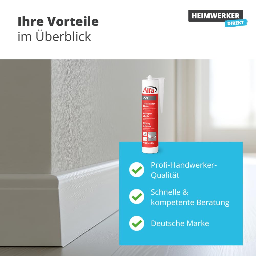 2x Alfa Sockelleistenkleber 300ml/440g weisser Montagekleber mit hoher Anfangshaftung zur Befestigun
