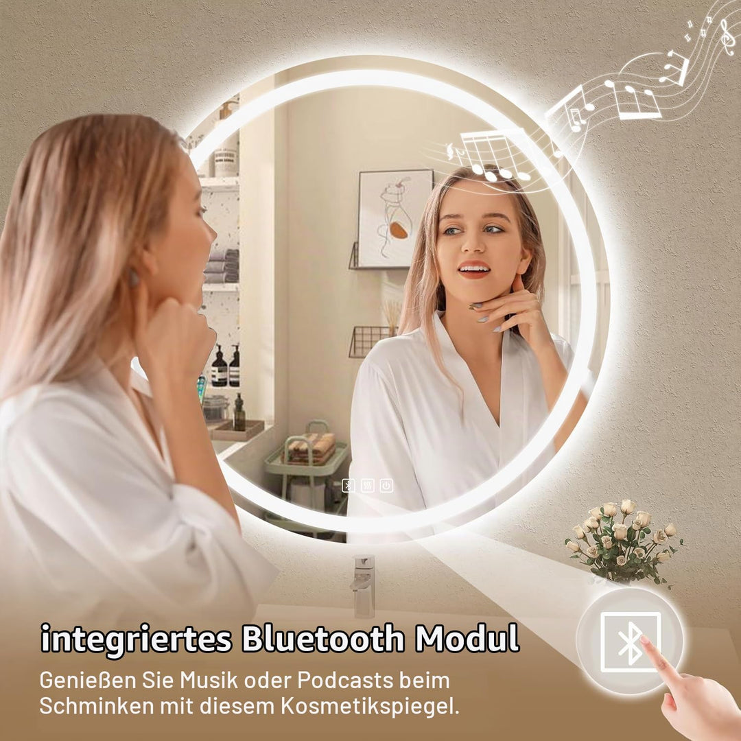 Badspiegel Mit Beleuchtung Rund 70cm, Badezimmerspiegel Mit Beleuchtung Bluetooth Spiegel, Antibesch
