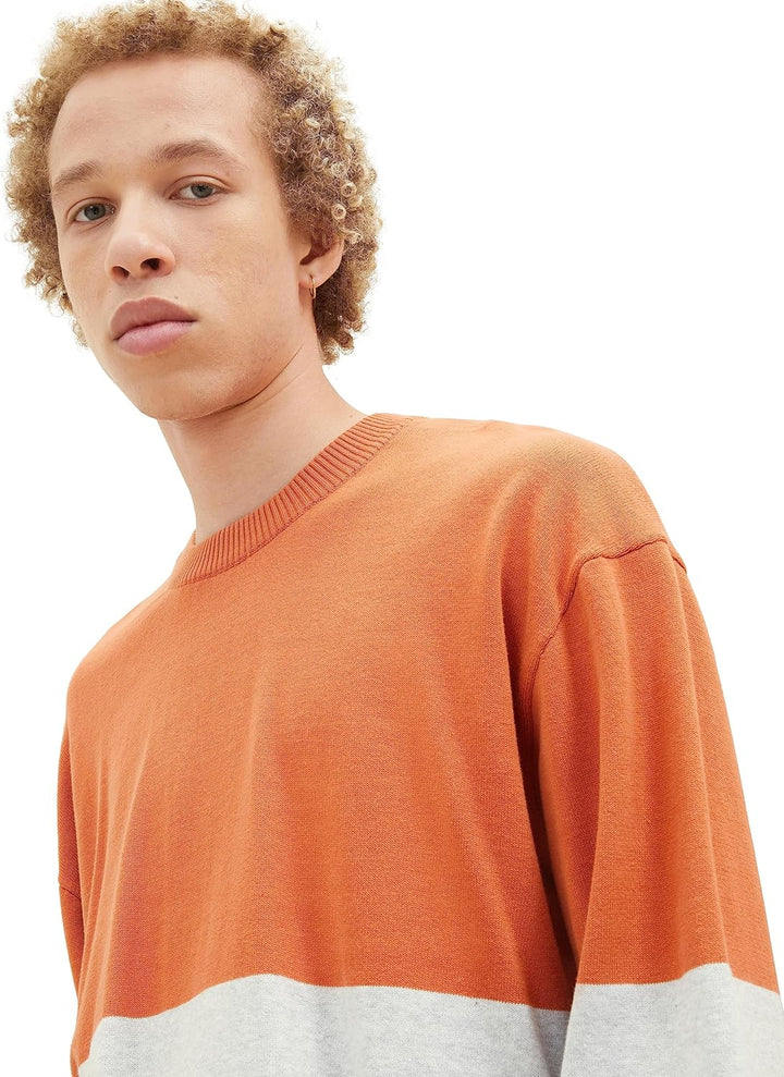TOM TAILOR Denim Herren Denim Relaxed Fit Colorblock Pullover, 32754 - Rust Grey Color Block