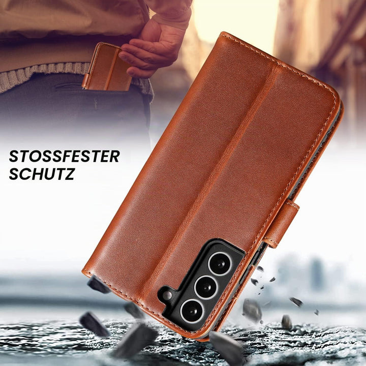 LENSUN Echtleder Hülle für Samsung Galaxy S22, Handyhülle [Echtes Leder] [Kickstand] [RFID Schutz] L