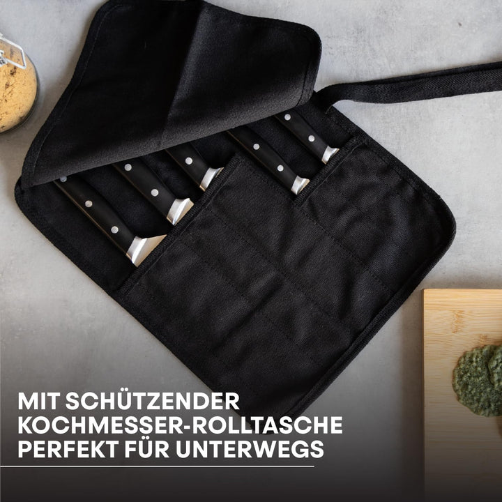 MasterChef Messer Set mit Canvas Messertasche/Rolltasche, Küchen Messerset ink. Kochmesser, Santokum