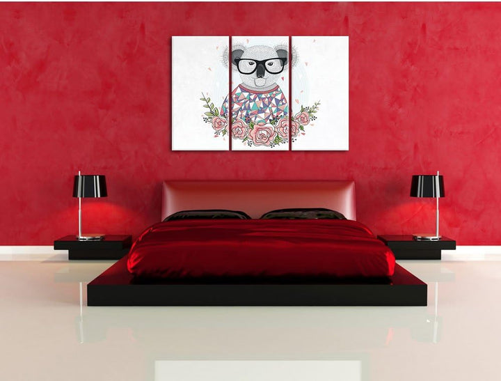 Pixxprint Hipster Koala mit Rosen weiss 3-Teiler Leinwandbild 120x80 Bild auf Leinwand
