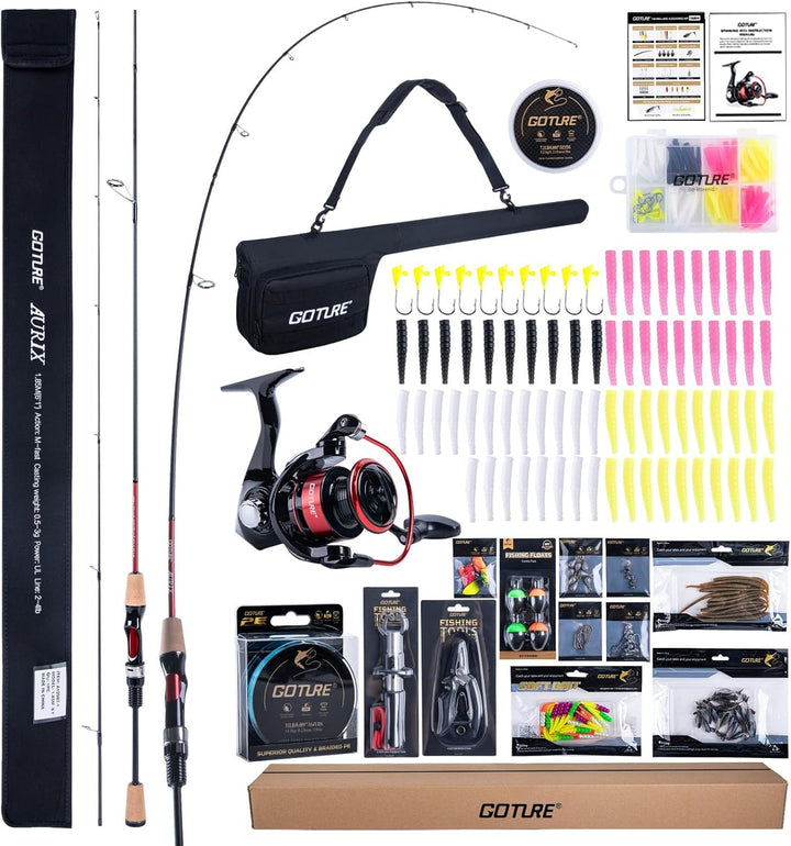 Goture Forellenrute Komplettset Ultra Light, 24T Kohlefaser Spinnrute & Rolle, 150m PE Schnur, 81tlg