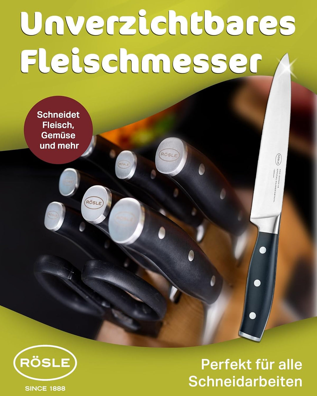 RÖSLE Fleischmesser Tradition, Hochwertiges Küchenmesser zum Schneiden aller Arten von Fleisch, Tran