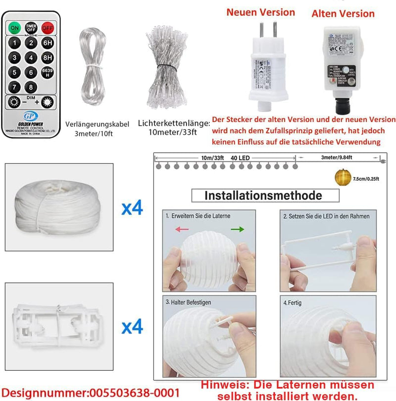 10M LED Lampions Lichterkette Aussen Strom, Erweiterbar 8 modi Warmweiss 40er LED Lampion mit Fernbe