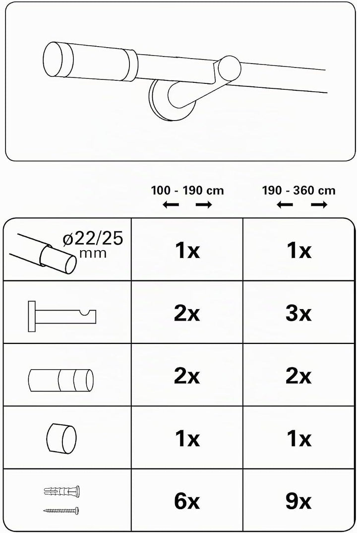 GARDINIA Gardinenstangen-Set, 1-Lauf, Zylinder, Ø 22/25 mm, 100-190 cm, Metall, Bronze Bronze 100 -