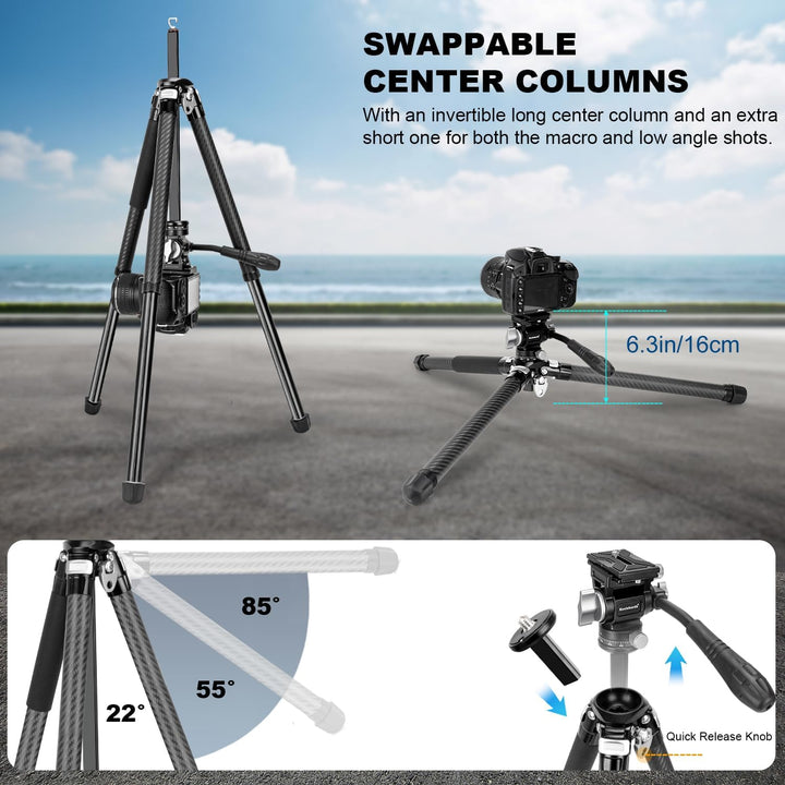 Koolehaoda Kamera Stativ Reisestativ 160 cm Carbon Stativ mit 360° Panorama Fluidkopf & Kurze Mittel