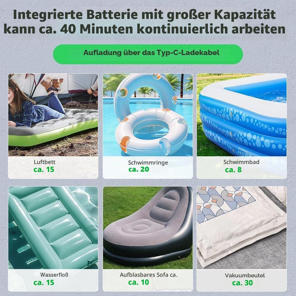 Elektrische Luftpumpe für aufblasbare Gegenstände, 3600 mAh, Luftmatratzenpumpe, wiederaufladbar, tr