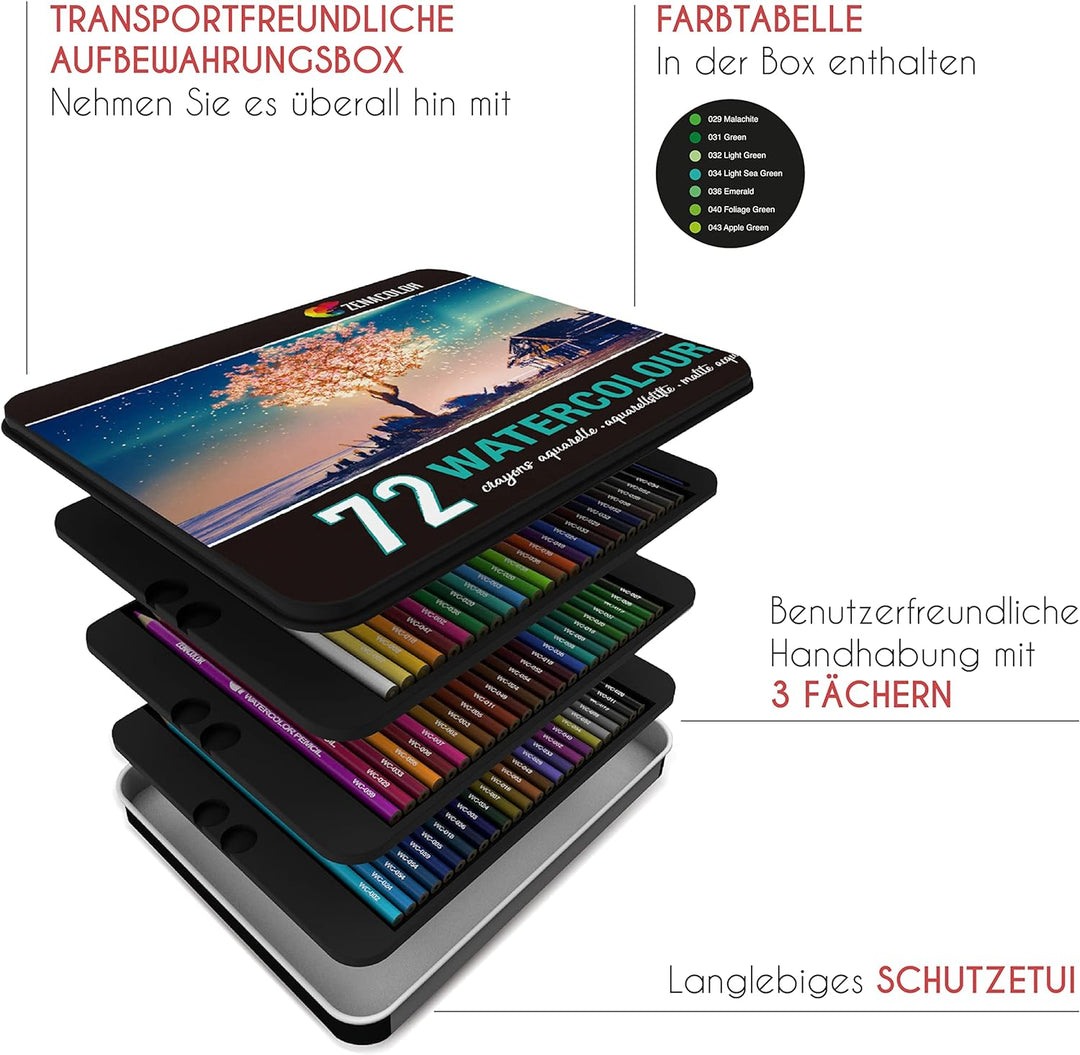 Zenacolor Aquarellstifte set 72 Stifte Aquarell Malstifte für Erwachsene und Kinder Wasservermalbar