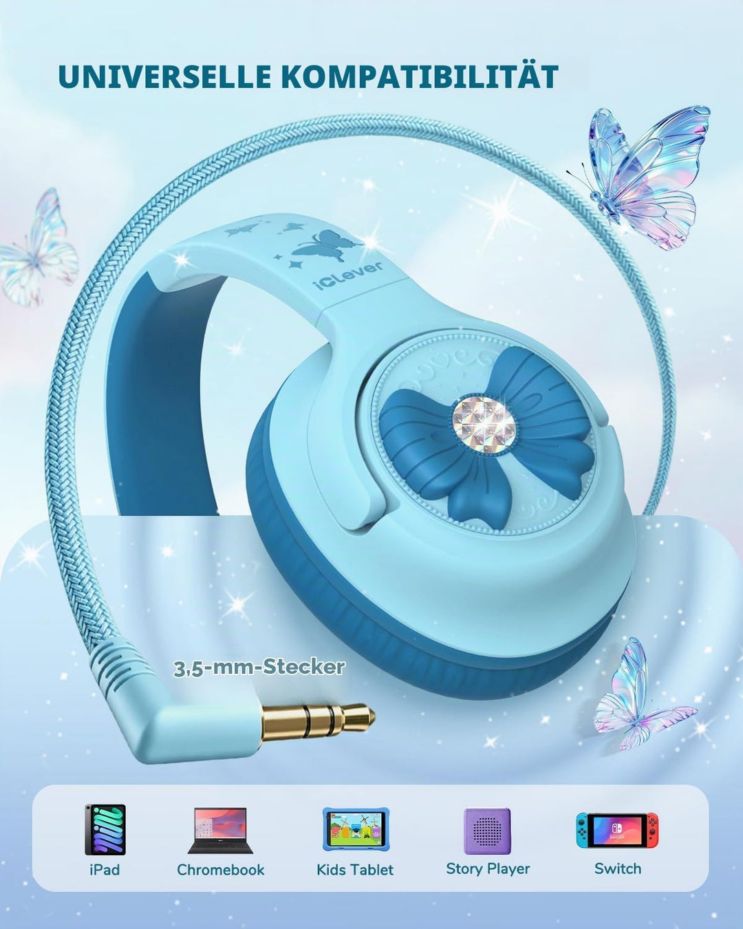 iClever kopfhörer Kinder,85 dBA Sicherer Klang,Faltbarer Over-Ear 3.5 mm kopfhörer Kinder mit Kabel,
