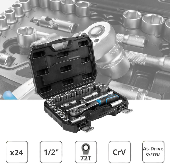 Högert Technik - Steckschlüsselsatz 24-teilig 1/2 Zoll mit Knarrenschlüssel, Ratsche, Stecknüssen 8-