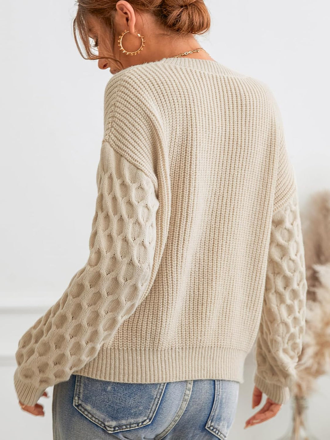 CUPSHE Damen Strickpullover Rundhals Langarm Feinstrick Pulli Jumper Oberteile Tops Honeycomb Knit S