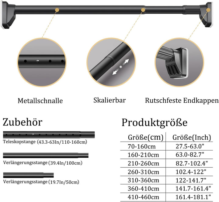 Gardinenstange ohne Bohren 310-360cm, Ø32mm Matt Schwarz Multifunktionale Vorhangstange zum Einklemm