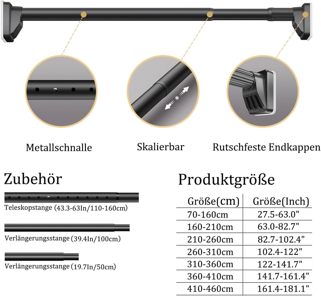 Gardinenstange ohne Bohren 410-460cm, Ø32mm Matt Schwarz Multifunktionale Vorhangstange zum Einklemm
