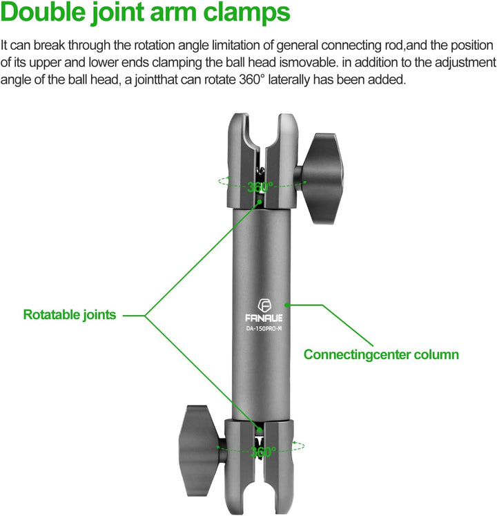 FANAUE - 15 cm Doppelhülsenarm, Halterung kompatibel mit 2 cm Arm, Aluminiumkonstruktion, passt auf