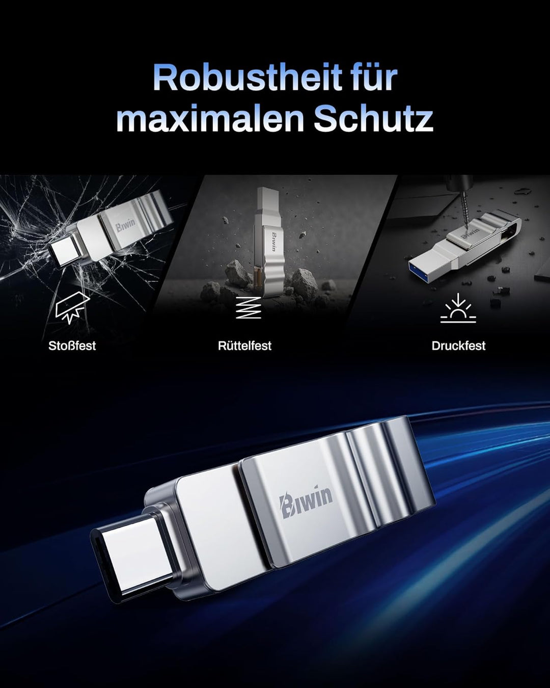 Biwin USB-Stick UD150 128GB USB 3.2 Gen1, bis zu 150 MB/s, mit Dual-Anschluss (Typ-A & Typ-C) für PC