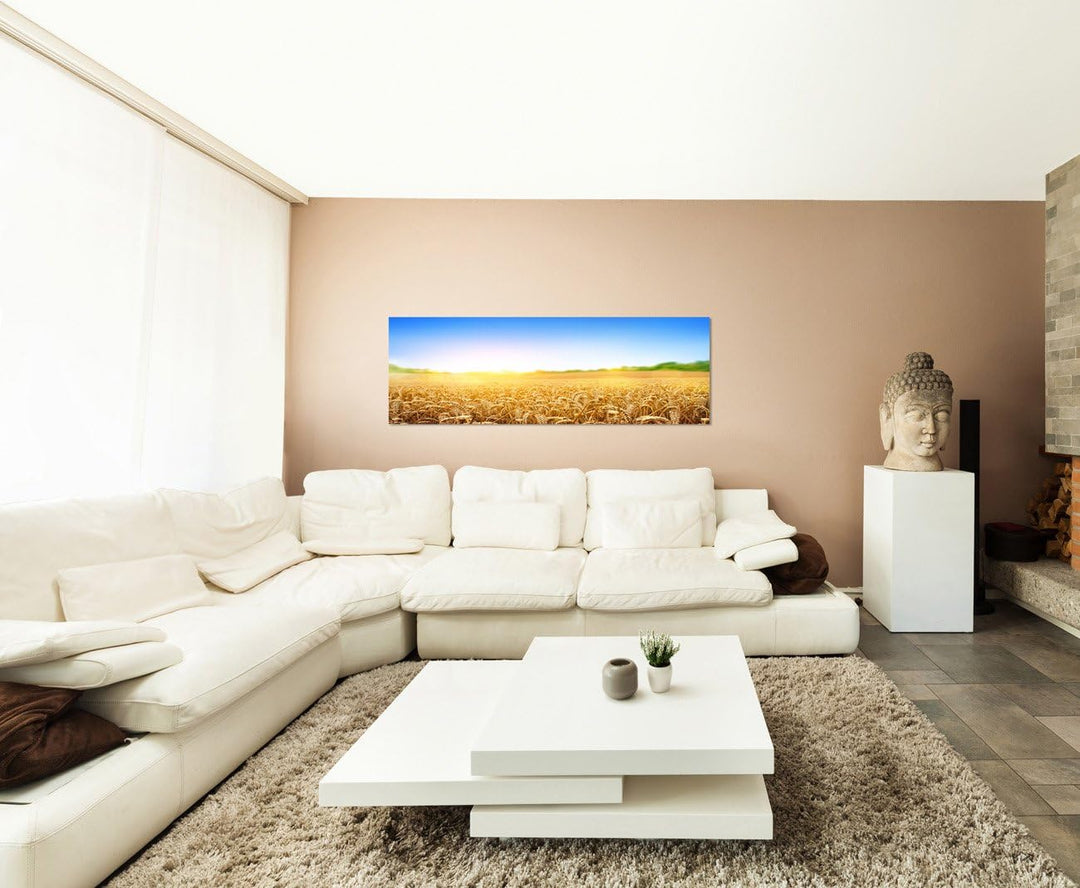 Paul Sinus Art Panoramabild auf Leinwand und Keilrahmen 120x40cm Kornfeld Kornähren Sommer Himmel