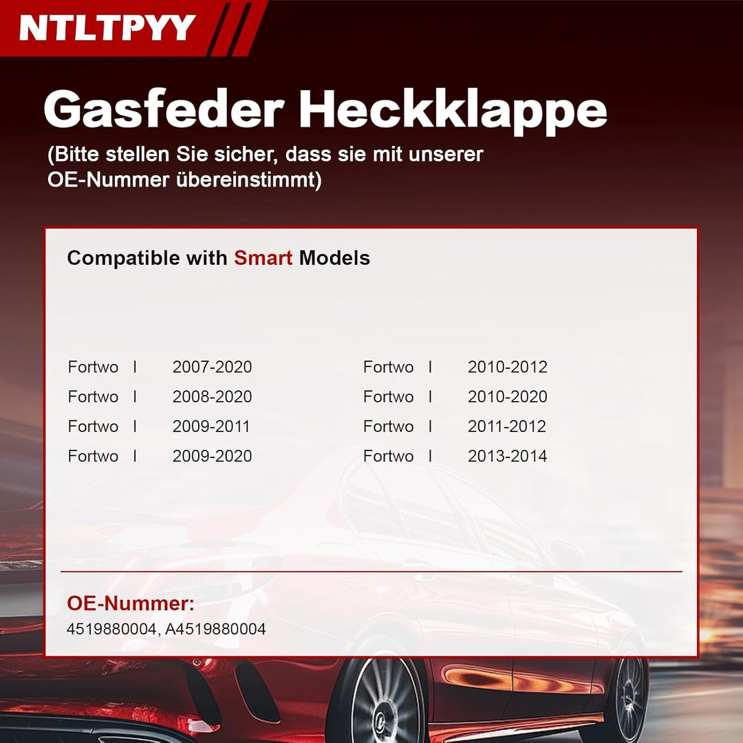 Heckklappen Gasdruckfeder Kompatibel mit Smart Fortwo 2007-2020 451, 2 Stück Heckklappenlifter Ersat