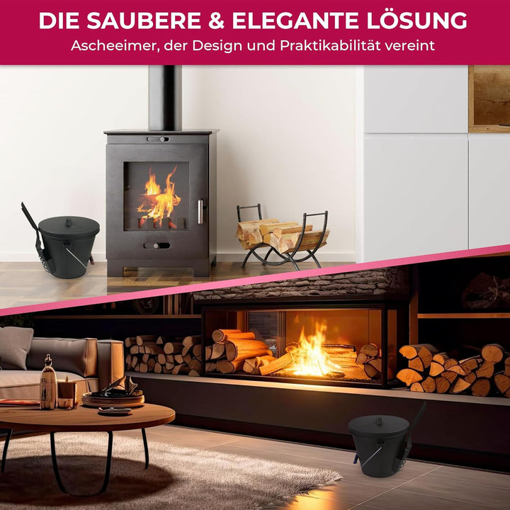 SULENO - Ascheeimer BOSTON mit Deckel 35x32cm 19 Liter, inkl. Schaufel, Stahl schwarz, Kohleeimer mi