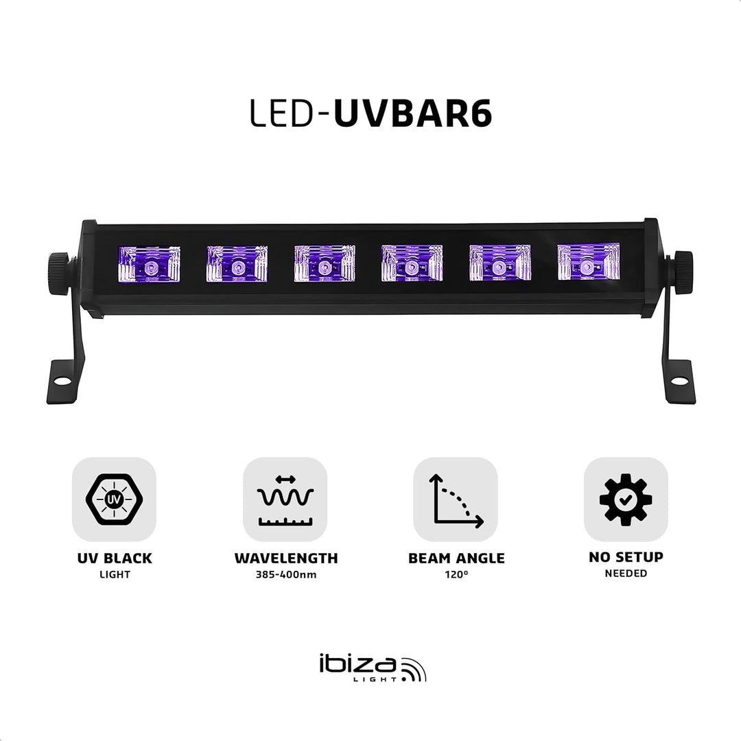 Ibiza - LED-UV-BAR6 - UV-Lampe, Fluoreszenz-Effekt, Schwarzlicht-Effekt mit 6 LEDs zu je 3 W - Schwa