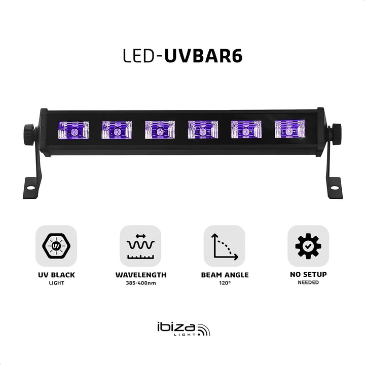 Ibiza - LED-UV-BAR6 - UV-Lampe, Fluoreszenz-Effekt, Schwarzlicht-Effekt mit 6 LEDs zu je 3 W - Schwa