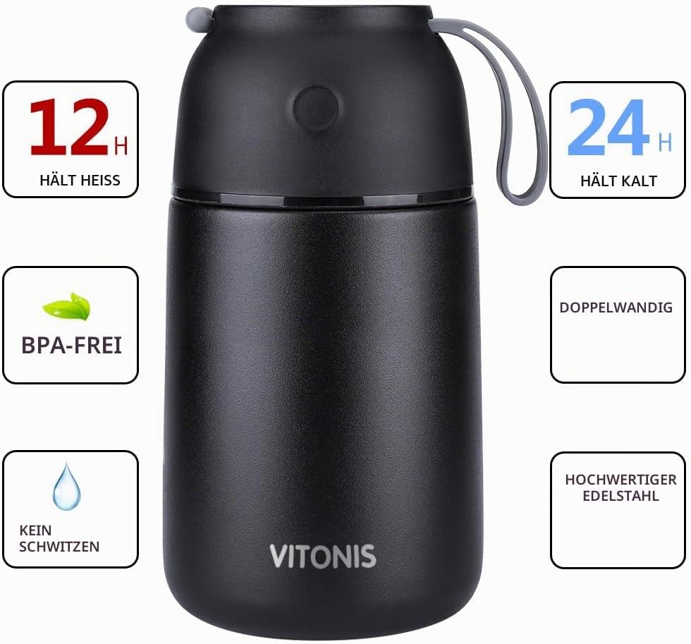 Thermobehälter für Essen 500ml &amp; 700ml Edelstahl Warmhaltebebehälter mit faltbaren Löffel, Speissen,