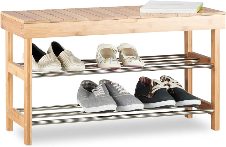 Relaxdays, Bambus Schuhschrank f. 6 Paar Schuhe, Sitzbank m. Stauraum HBT: 43x74x30 cm, Natur Schuhr