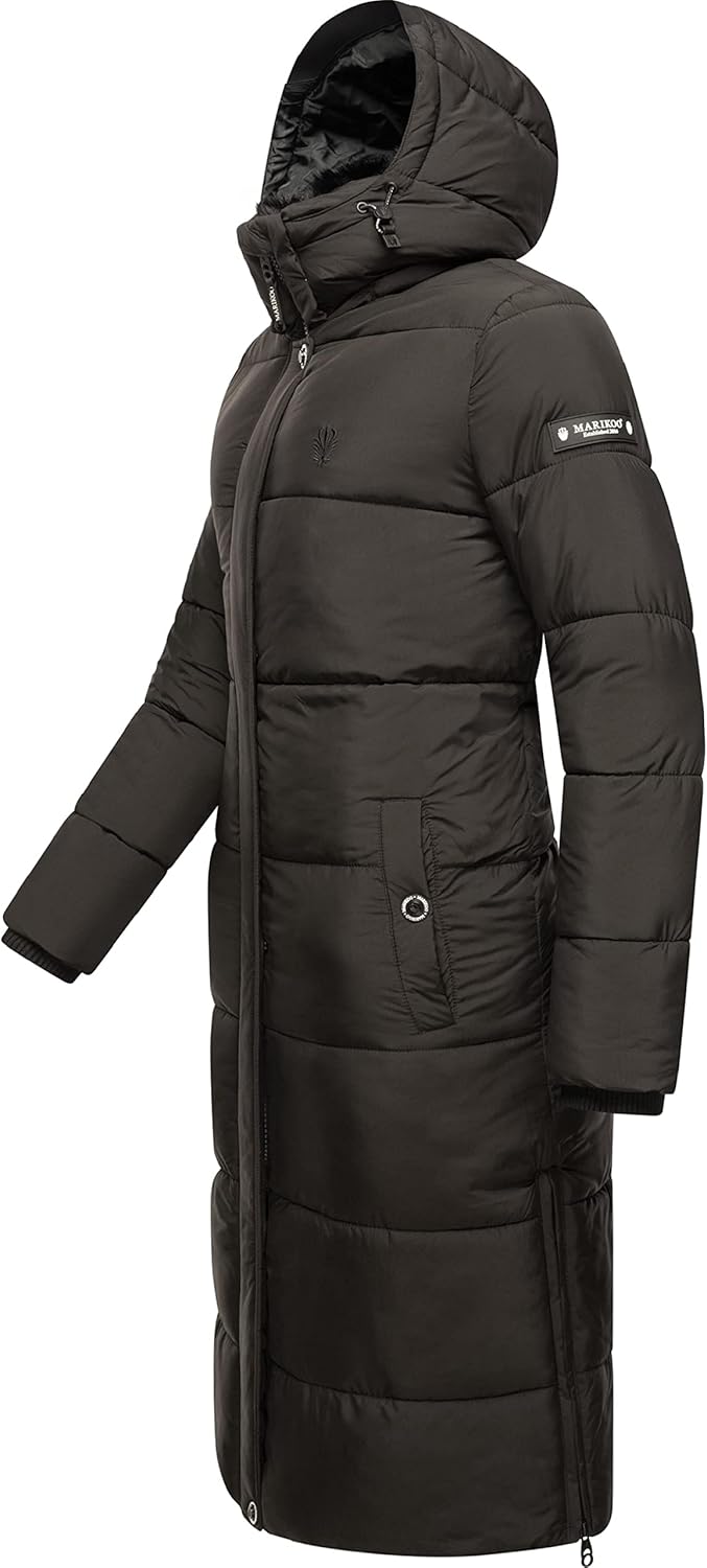 MARIKOO Damen Wintermantel Warmer Steppmantel lang mit Abnehmbarer Kapuze Reliziaa XS-3XL XL Schwarz