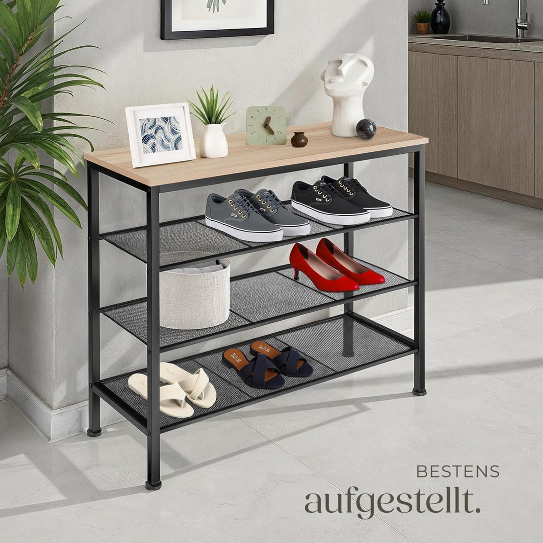tectake® Schuhregal schmal mit Sitzfläche, Schuhbank 4 Ebenen, 3 Gitterablagen, Schuhregal platzspar