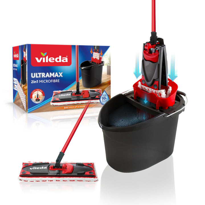 Vileda Ultramax 2in1 Bodenwischer Komplett Set, Wischmopp mit Stiel, Mikrofaserbezug und Eimer mit P