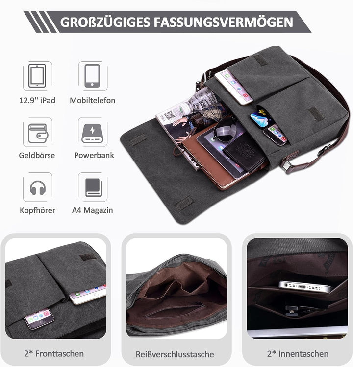 DORRISO Mode Umhängetasche Herren Schultertasche Canvas Schultertaschen für 14 Zoll Laptop Kuriertas