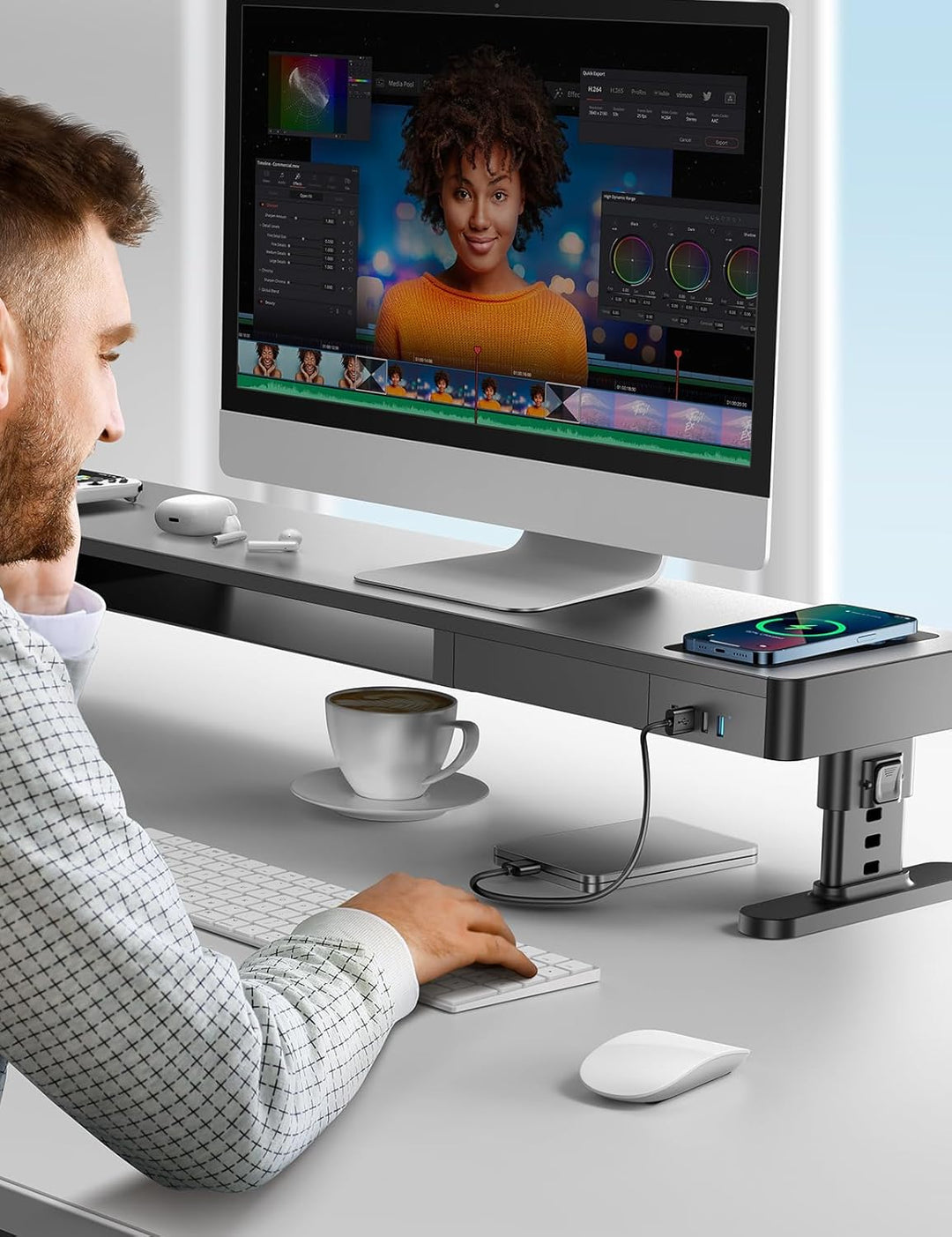 meatanty Höhenverstellbarer Dual Monitor Stand mit Smart Hub, 15W Wireless Charging, 4×USB-3.0, Zwei