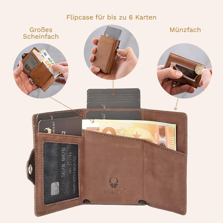 DONBOLSO Wallet Flip I Slim mit Flipcase I Leder Geldbeutel mit RFID Schutz I Schmale Geldbörse mit