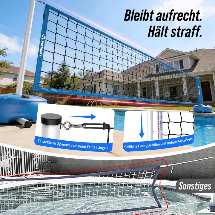 Pool Volleyball-Set, Tragbarer Volleyballnetz Verstellbar 4,5-9,1m mit Volleyball, Stabilem-Stangen
